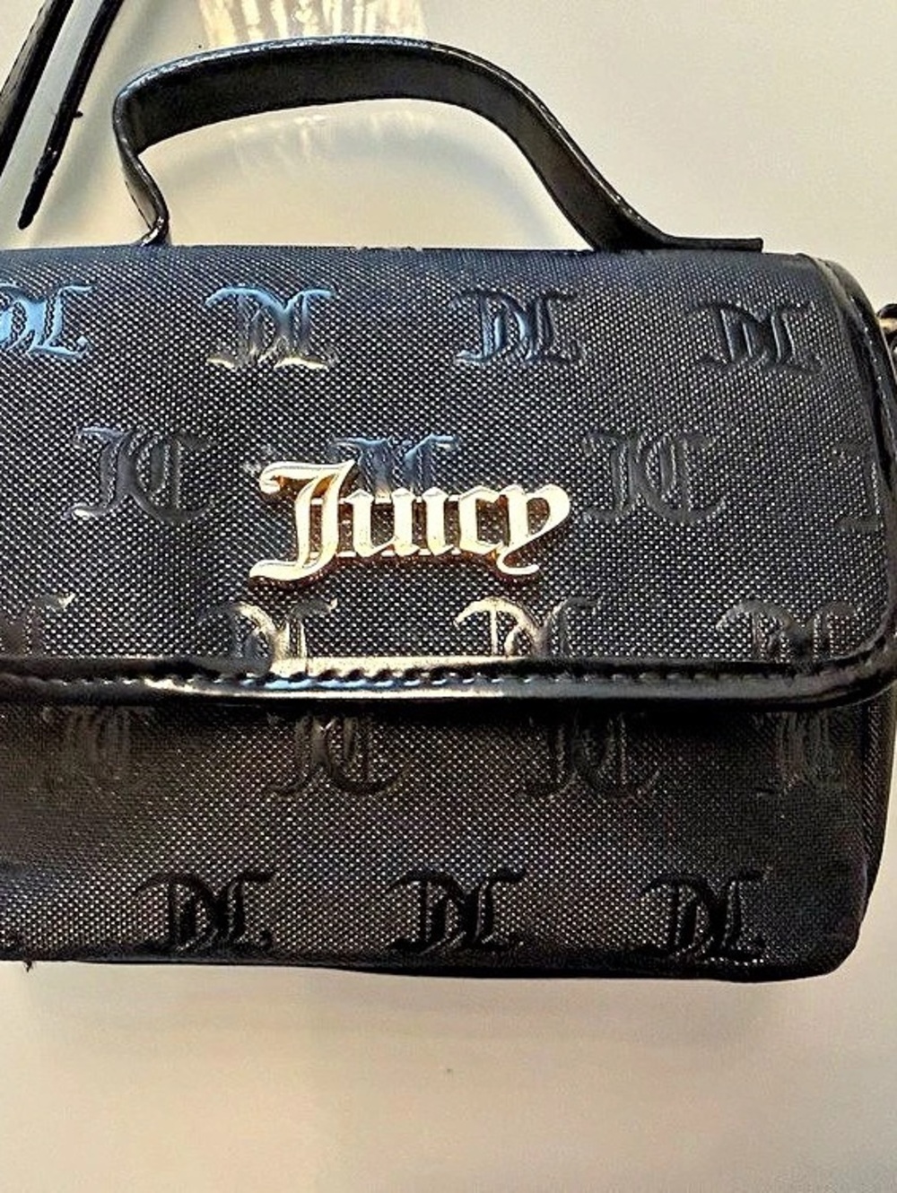 Juicy Couture Black Monogram Logo Flap Crossbody Bag with Top Handle